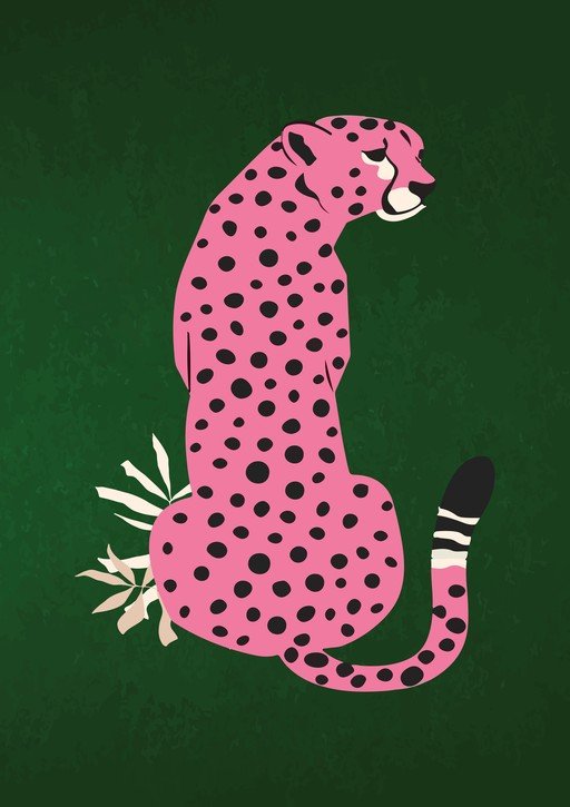 Pink Cheetah with Black Spots on Green Background