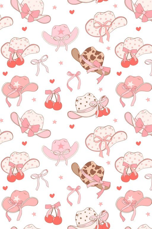 Cute Pink Cowboy Hat Pattern with Cherries and Stars
