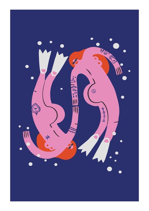 Two Pink Figures in Flippers Swim in Deep Blue Water