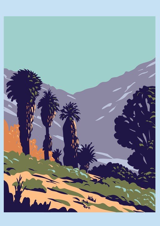 Desert Landscape with Palm Trees and Mountains