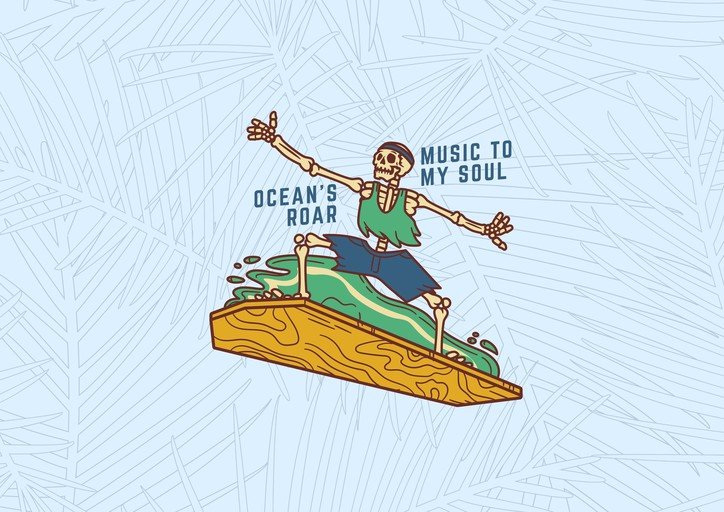 Skeleton Surfer Riding Wave with Text