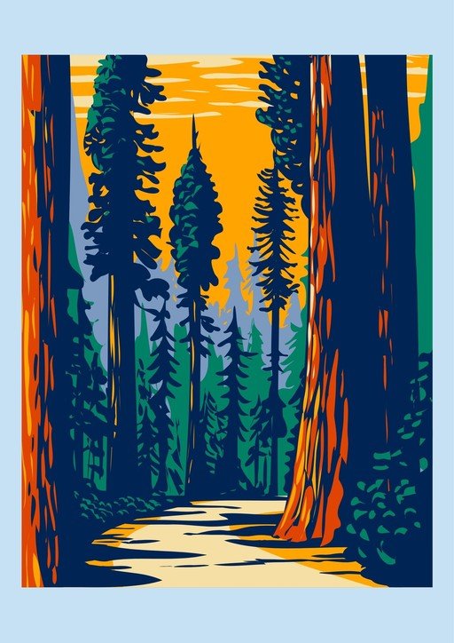 Vintage Redwood Forest Path Illustration
