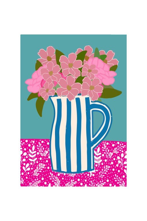 Pink Flowers in Striped Pitcher on Floral Tablecloth