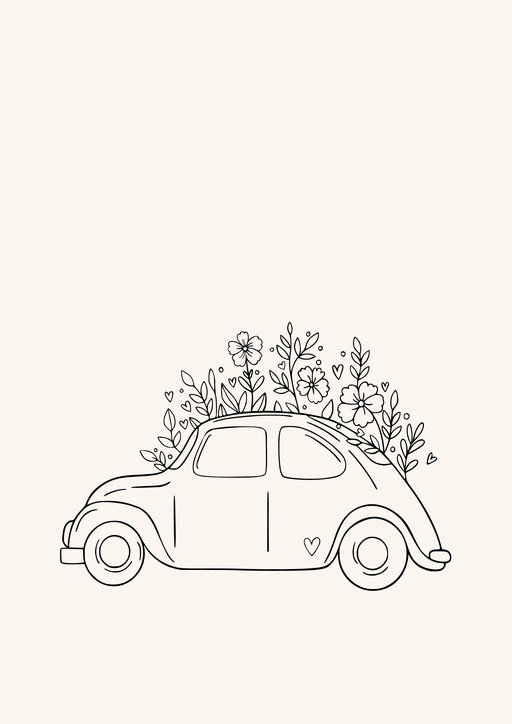 Line Art VW Beetle with Flowers and Hearts