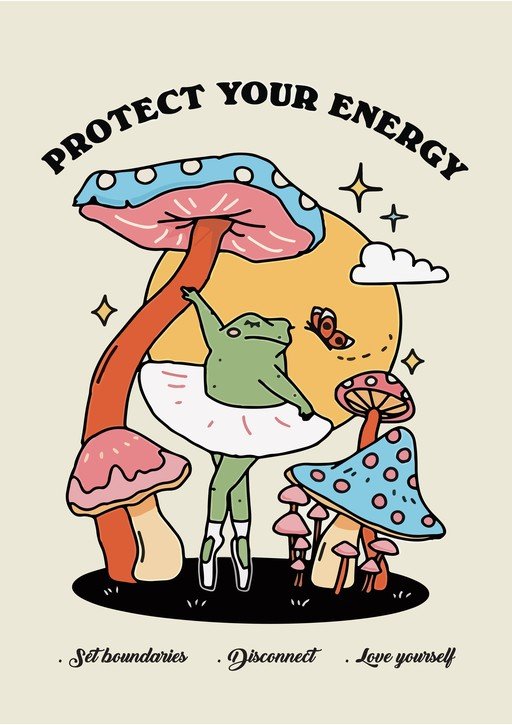 Whimsical Frog Ballerina Protects Energy Amidst Magical Mushrooms