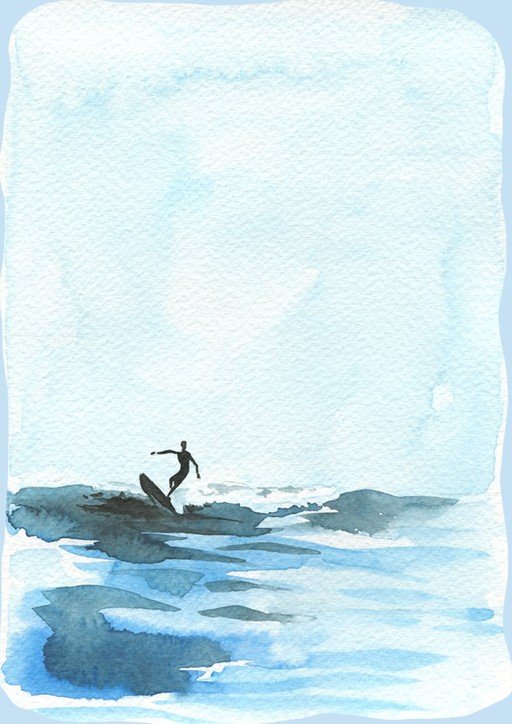 Surfer Riding Wave in Watercolor Style