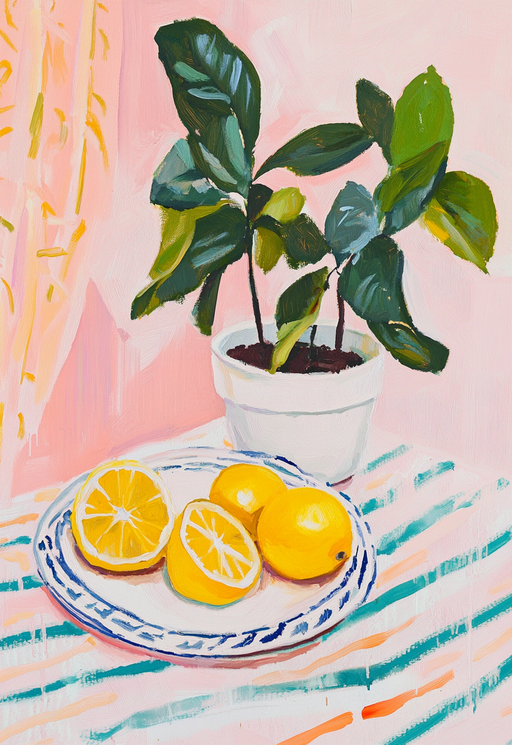 Vibrant Still Life with Lemons and Potted Plant