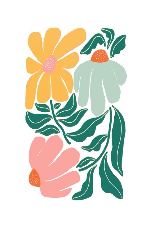 Abstract Floral Illustration with Yellow, Pink, and Teal Flowers