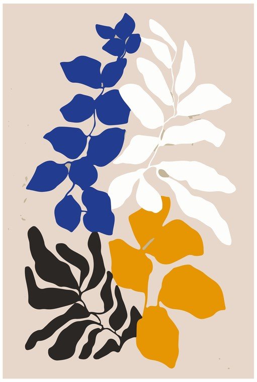 Abstract Botanical Art with Blue, White, and Yellow Leaves