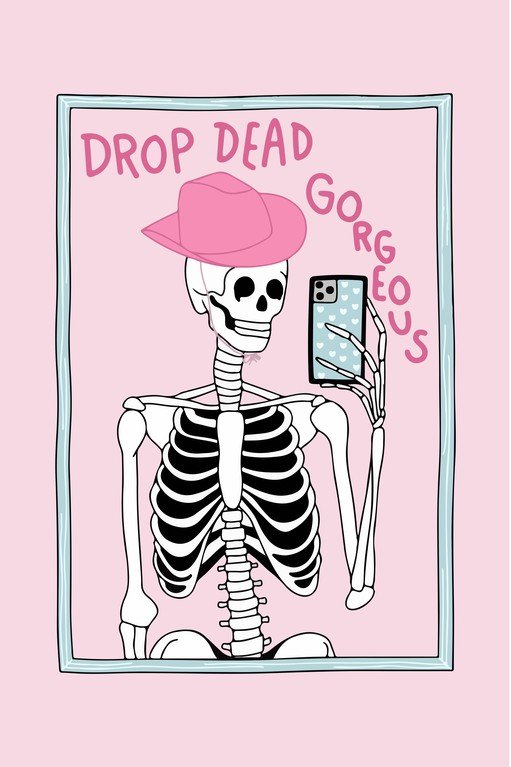 Skeleton Taking Selfie with Pink Cowboy Hat