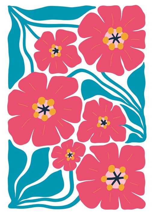 Vibrant Floral Pattern with Pink Flowers and Teal Leaves