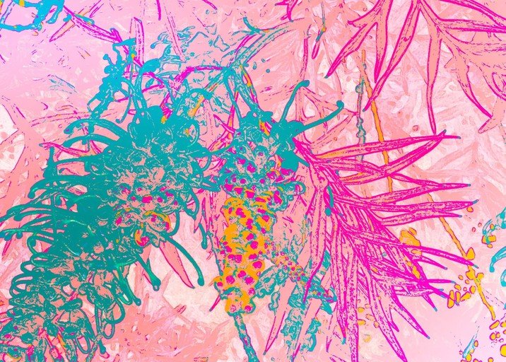 Abstract Floral Art with Pink, Teal, and Yellow Hues