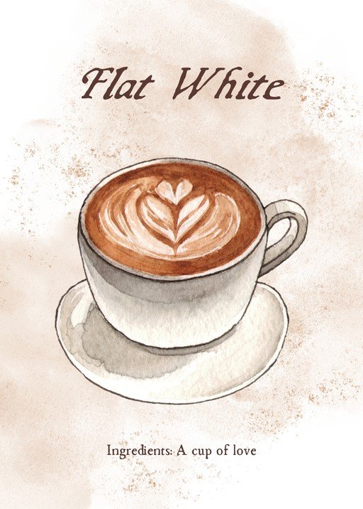 Watercolor Flat White Coffee with Latte Art
