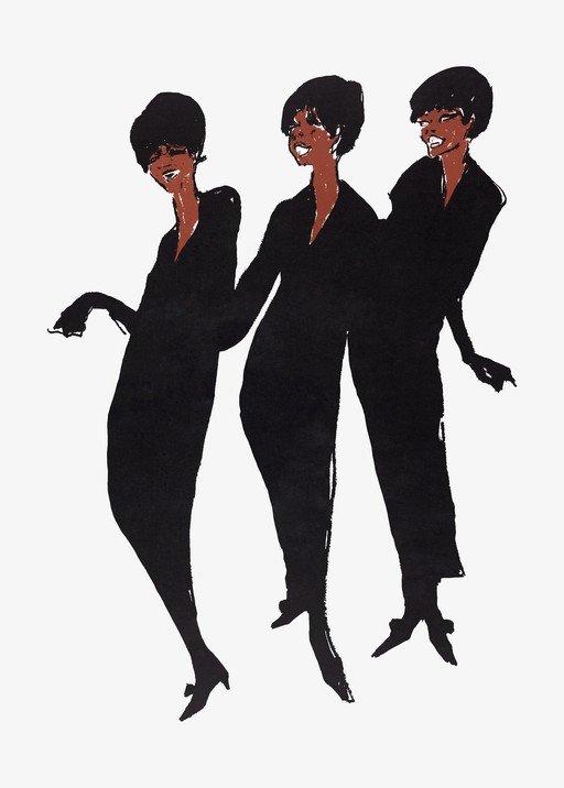 Three Women in Black Dresses, Stylized Fashion Illustration