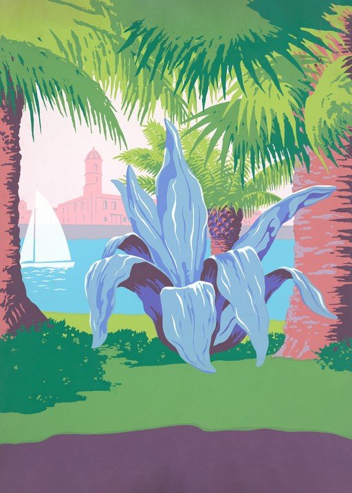 Tropical Agave Plant with Sailboat and Coastal Town