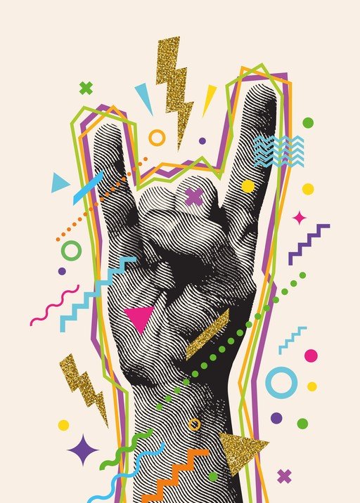 Rock On Hand Gesture with Retro Geometric Shapes