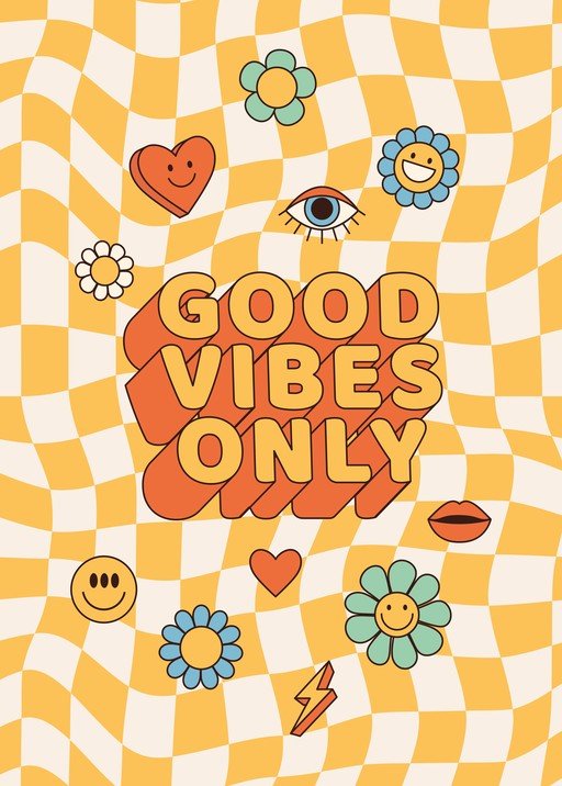 Retro "Good Vibes Only" Graphic with Groovy Checkered Background