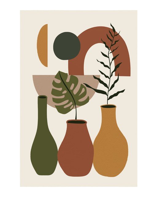 Abstract Botanical Still Life with Vases