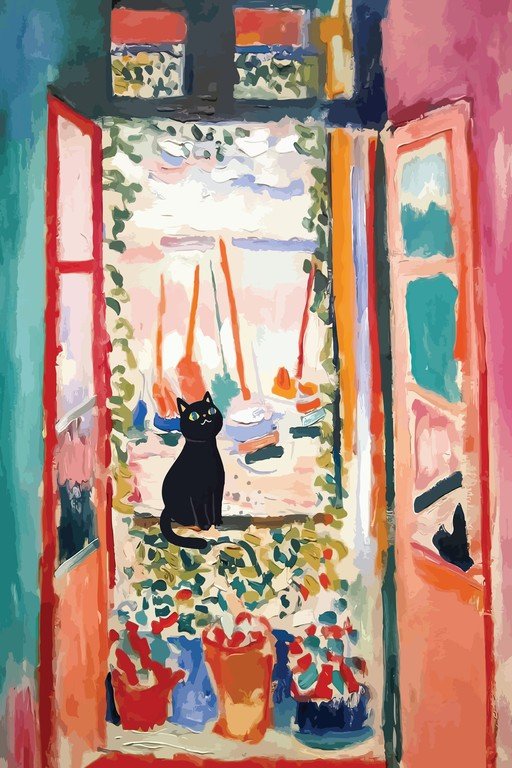 Black Cat Gazing at Sailboats from a Window