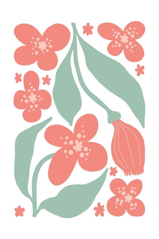 Abstract Floral Illustration in Coral and Sage Green