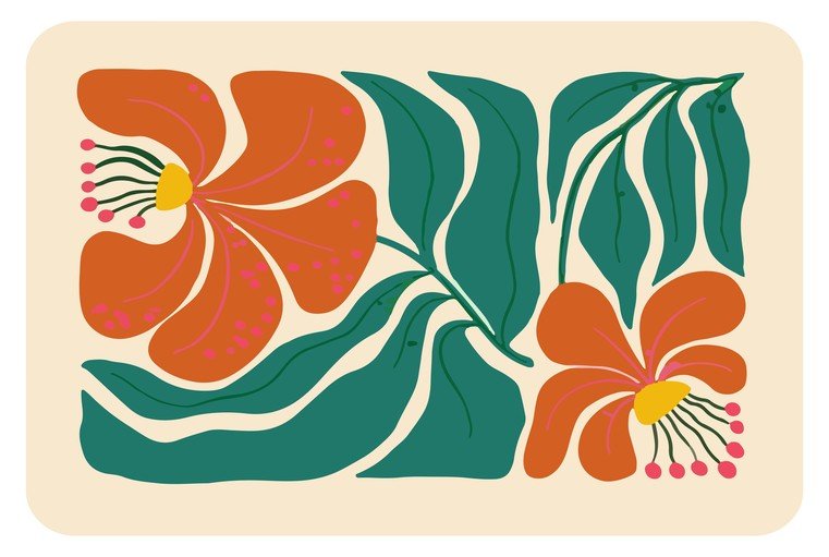 Abstract Floral Art with Orange Flowers and Green Leaves