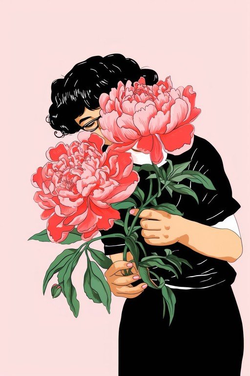 Person with Large Pink Peonies