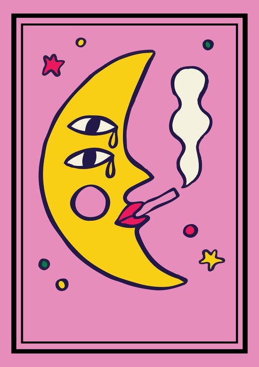 Crying Moon Smoking a Cigarette with Stars