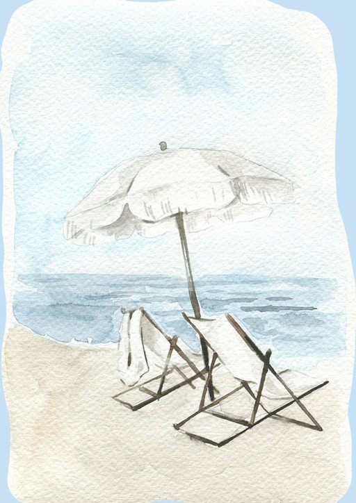 Watercolor Beach Scene with Chairs and Umbrella