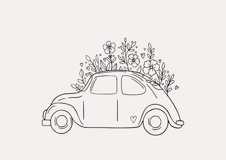 Line Art VW Beetle with Flowers and Hearts
