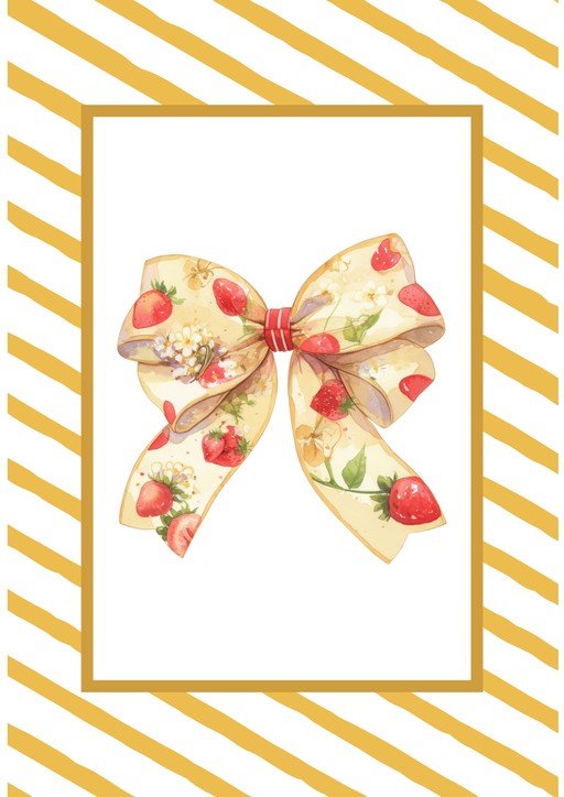 Watercolor Strawberry Bow with Yellow Stripes