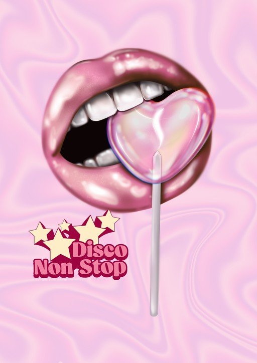 Glamorous Lips with Heart Lollipop and Disco Text