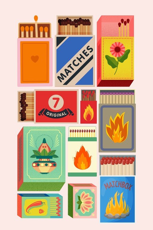 Collection of Illustrated Matchboxes with Vibrant Designs