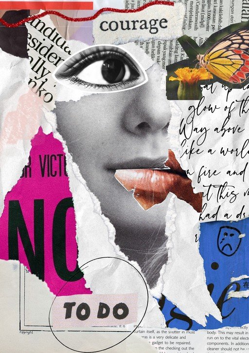 Collage Art: Eye, Lips, Butterfly, and Text Elements