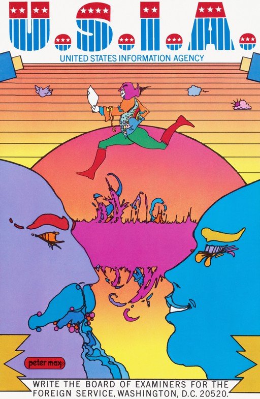 Peter Max USIA Poster: Faces, Runner, and Sunset
