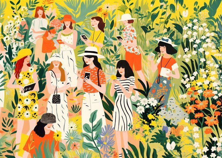 Women in a Floral Garden with Smartphones