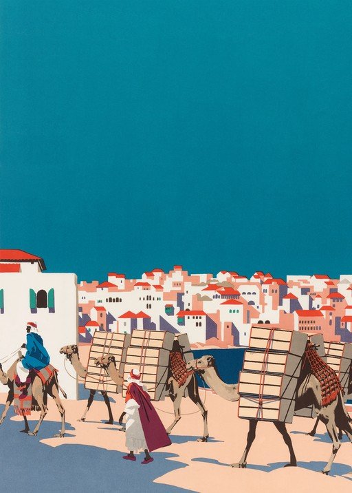 Caravan of Camels in a Mediterranean Coastal Town