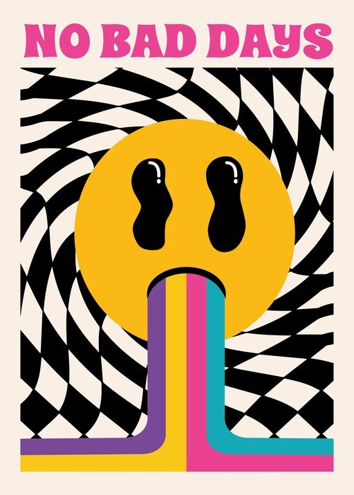 Retro Smiley Face with Rainbow Vomit and Checkerboard