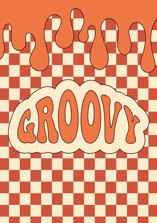 Retro Groovy Word Art with Drips and Checkered Background