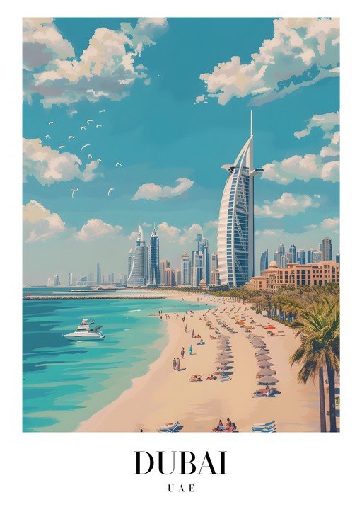 Dubai Beach Scene with Iconic Burj Al Arab