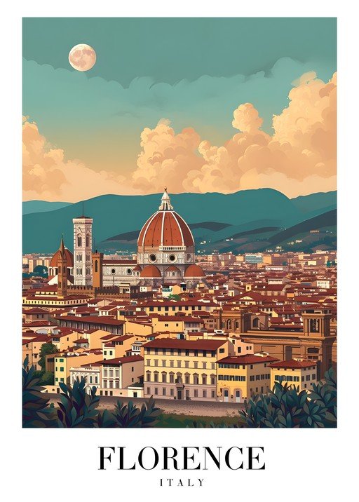 Florence, Italy Skyline with Duomo and Moon
