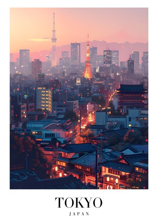 Tokyo Skyline at Dusk with Tokyo Tower and Skytree