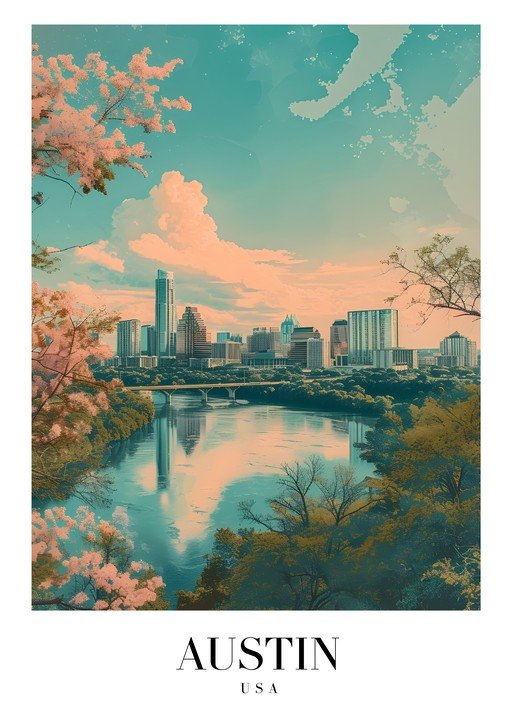 Austin Skyline with River and Cherry Blossoms