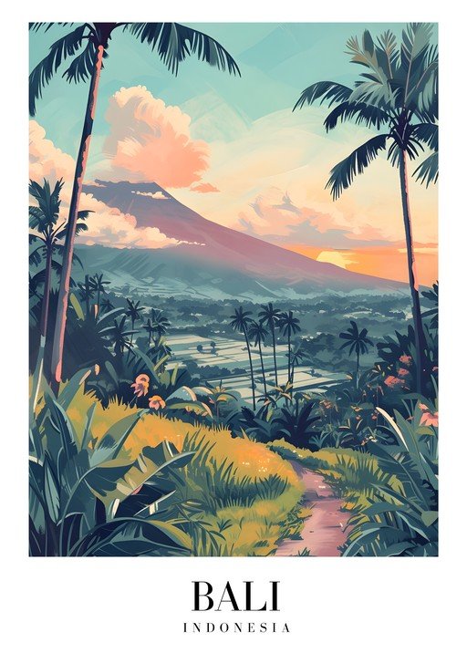 Tropical Bali Landscape with Volcano at Sunset