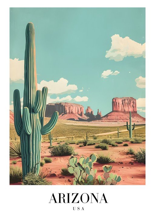 Arizona Desert Landscape with Saguaro Cacti and Mesas