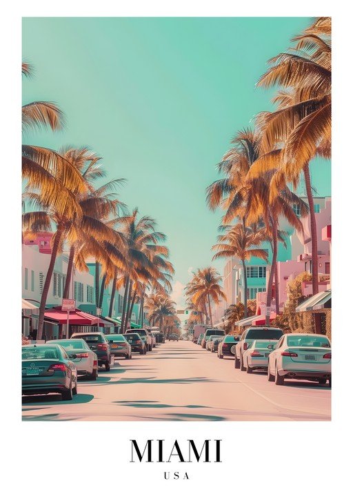 Miami Street Scene with Palm Trees and Cars