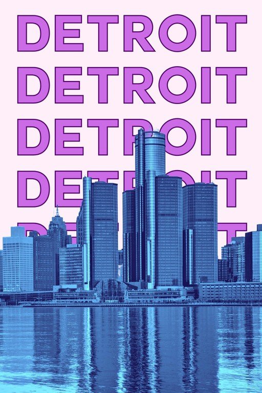 Detroit Skyline with Repeating Text Overlay