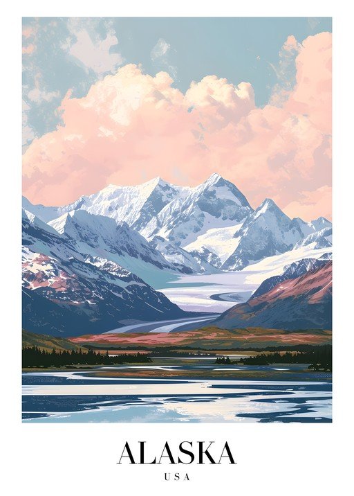 Alaska Mountain Landscape with Glacial River and Pink Clouds