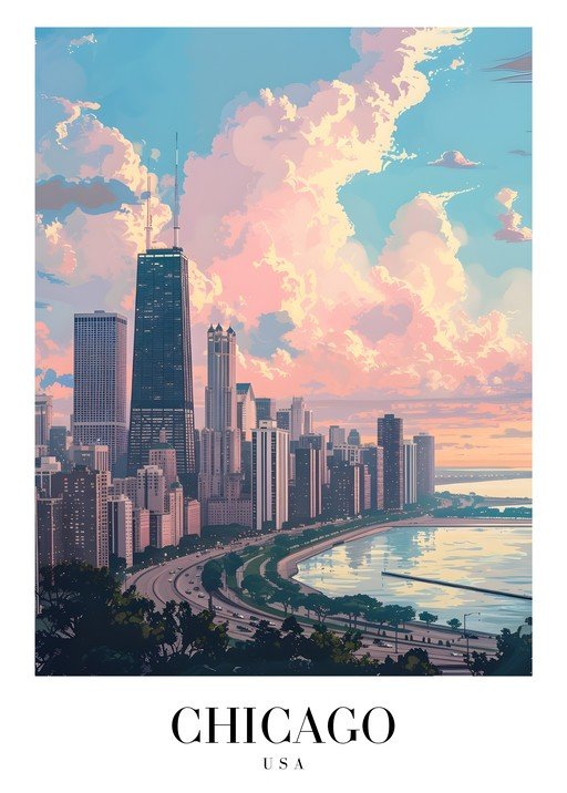Chicago Skyline at Sunset with Pink Clouds