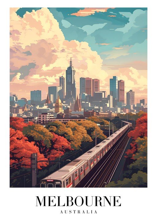 Melbourne Skyline with Train and Autumn Trees