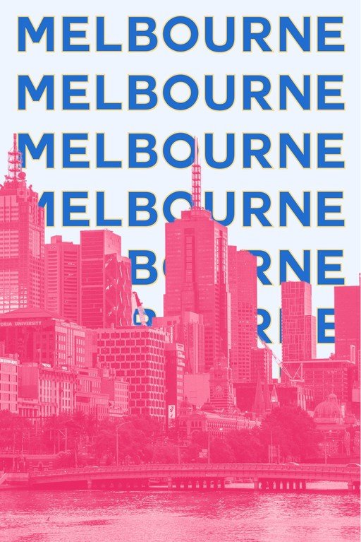 Melbourne Skyline with Repeating Text Overlay